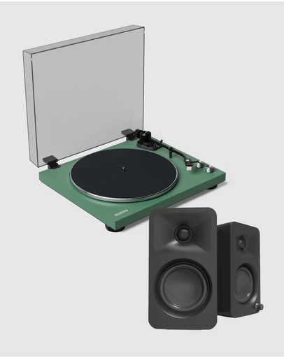 iWorld - Kanto OBI3 Turntable - Matte Green with Kanto ORA 100W Powered Speakers - Black Bundle