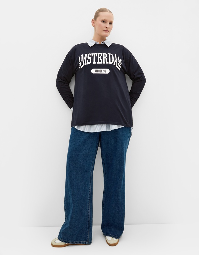 City Chic - Plus size Oversized Amsterdam Long Sleeve Cotton Tee - navy