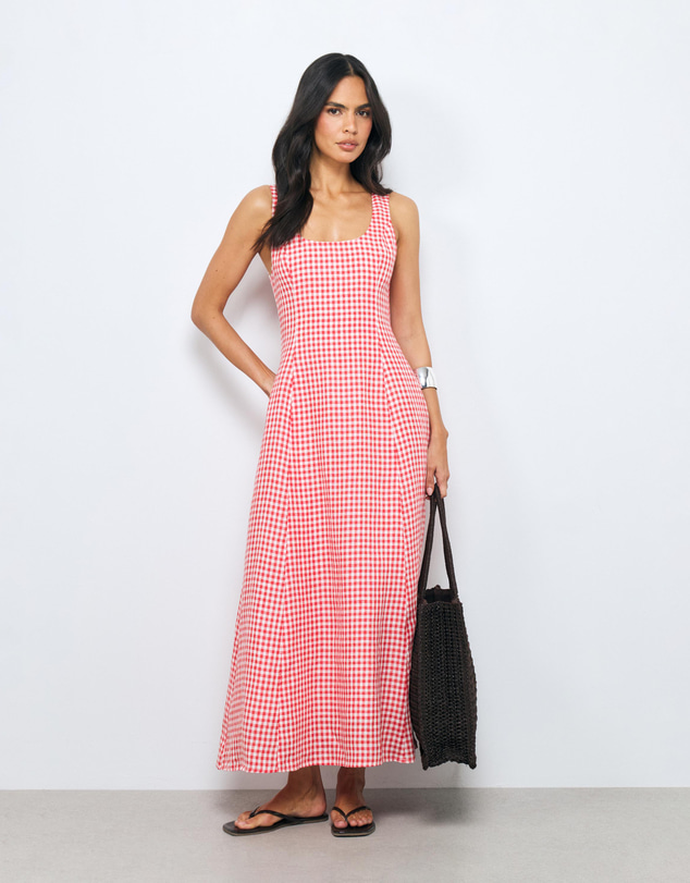 AERE - Romy Gingham Linen Midi Dress