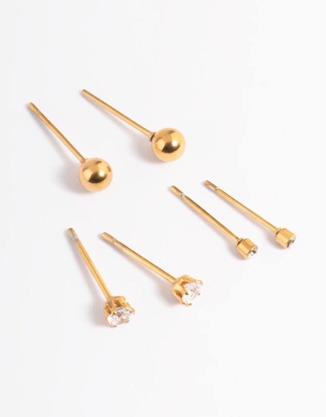 Lovisa - Waterproof Gold Plated Stainless Steel Cubic Zirconia Plain Stud Earrings Pack
