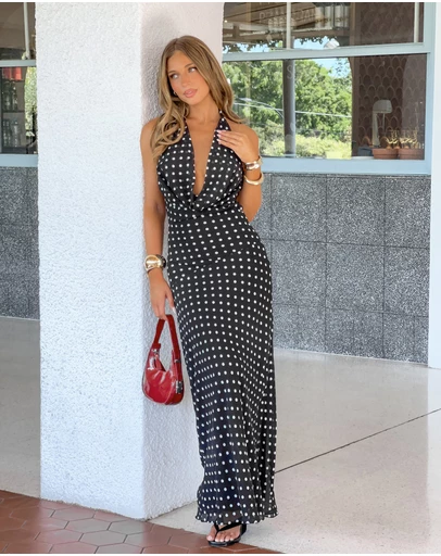 Beginning Boutique - North Black Polka Dot Cowl Neck Maxi Dress