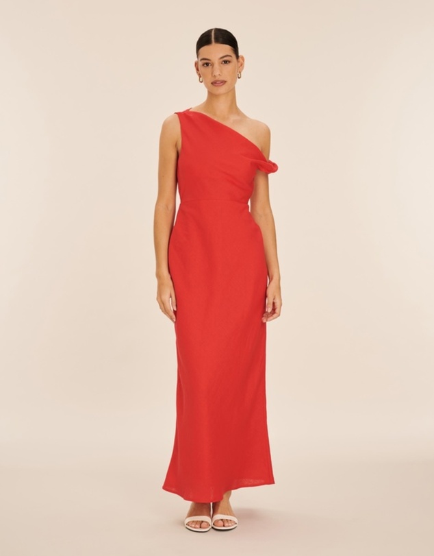 Revibe - Repaired AERE Fia Linen Draped Off Shoulder Maxi Dress - AU 10