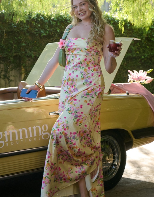 Beginning Boutique - Blaise Yellow Bloom Satin Maxi Dress