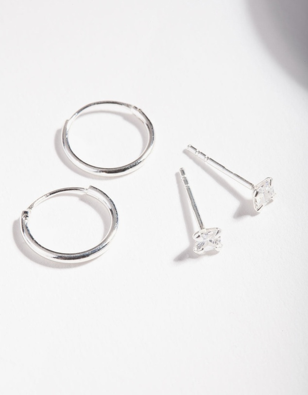 Lovisa - Sterling Silver Cubic Zirconia Princess Stud Hoop Earring Pack