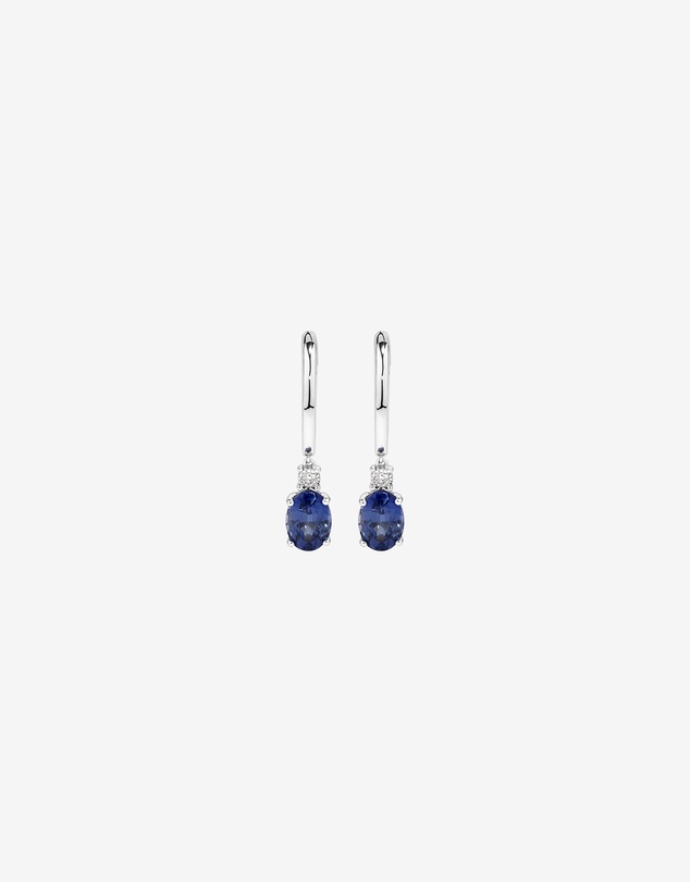Michael Hill - Oval Cut Blue Created Ceylon Sapphire Gemstone and Diamond Drop Huggie Earrings in Sterling Silver
