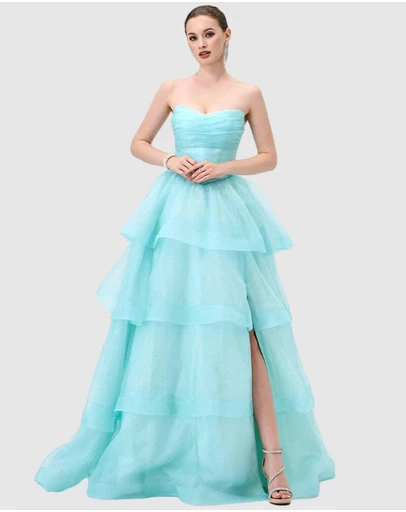 Bariano - Mint Tiff Strapless Tiered Ball Gown