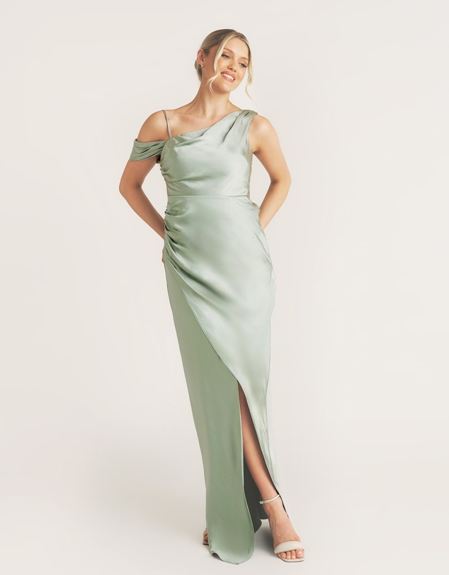 Six Stories - Asymmetrical Bardot Strap Satin Bridesmaid Dress
