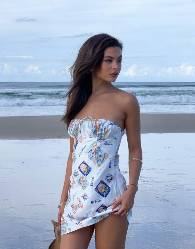 Beginning Boutique - Orion White Italia Print Strapless Mini Dress