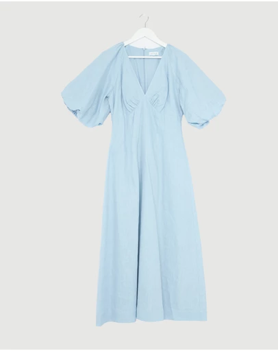 Revibe - Repaired AERE Imogen Linen Puff Sleeve Midi Dress - AU 12