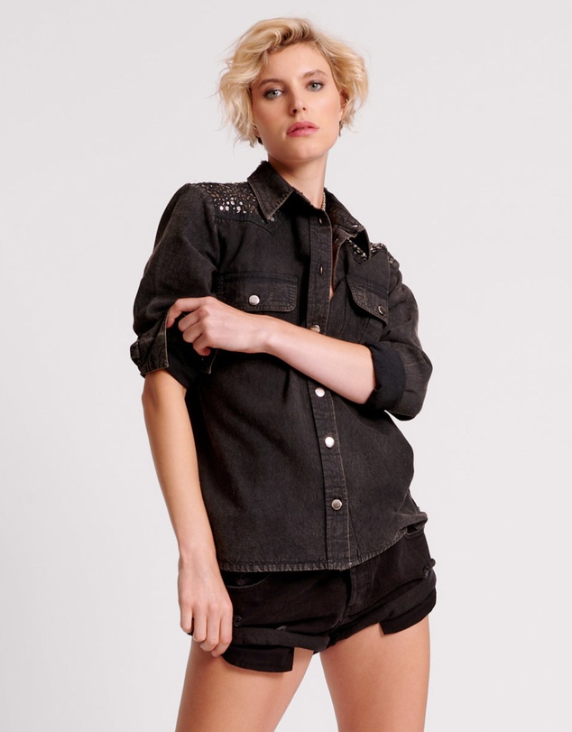 ONE TEASPOON - Black Hand Embellished Denim Western Shirt