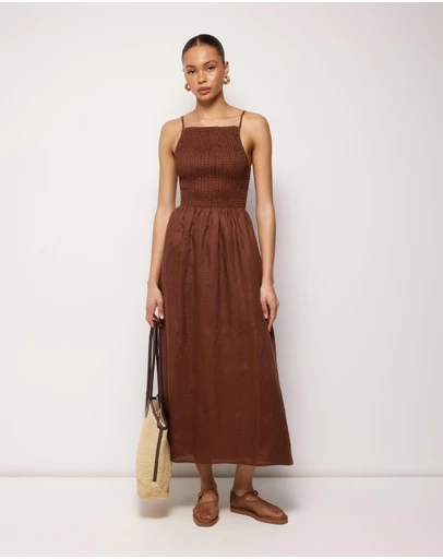 AERE - Olie Shirred Linen Midi Dress