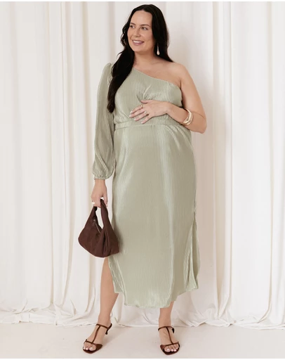 Petal & Pup - Pontee One Shoulder Pleated Midi Dress - Sage Green