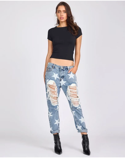 ONE TEASPOON - Saints Low Waist Boyfriend Denim Jeans - Starwash Blue