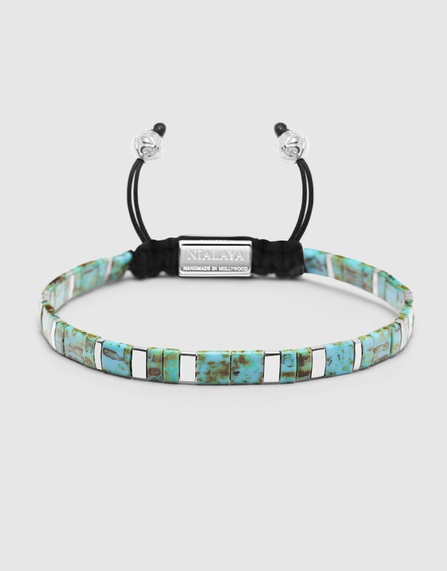 Nialaya Jewellery - Men's Bracelet with Marbled Turquoise And Silver Miyuki Tila Beads