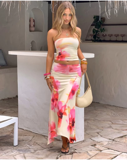 Beginning Boutique - Alora Yellow and Pink Floral Print Hanky Hem Maxi Skirt