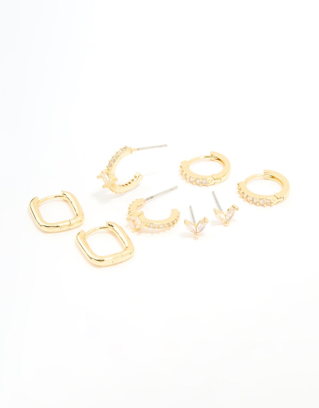 Lovisa - Gold Plated Brass Cubic Zirconia & Plain Rectangle Earrings 4-Pack