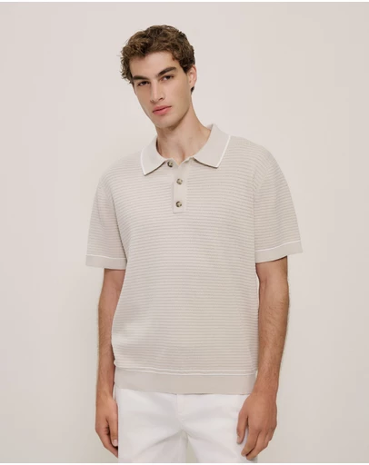 Trenery - Textured Cotton Tipped Knit Polo in Stone