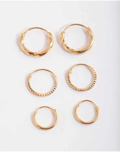 Lovisa - Gold Plated Sterling Silver Graduating Textured Hoop Earring Pack