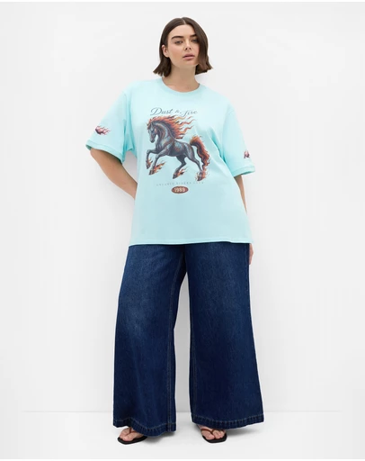 City Chic - Plus size Flaming Horse Oversized Cotton Tee - aqua