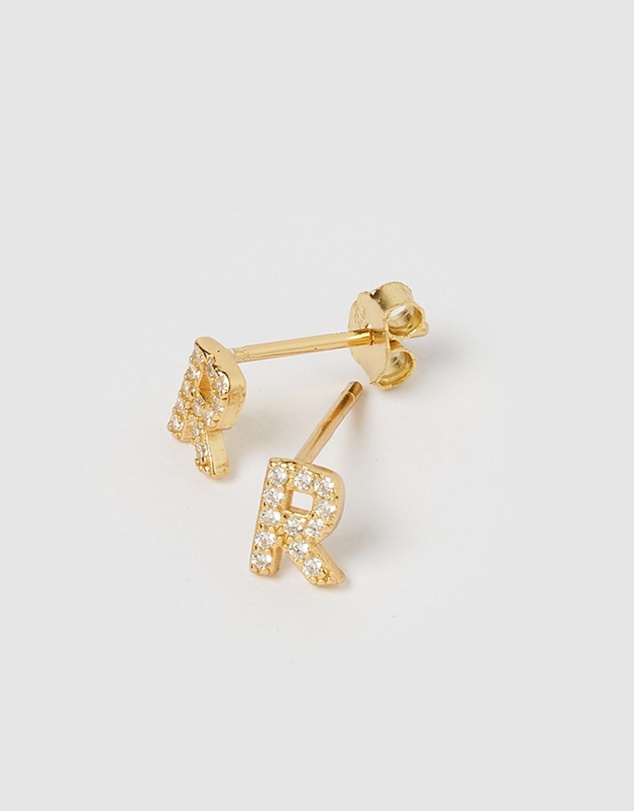 Izoa - Alphabet Mini Letter R Stud Earrings Gold