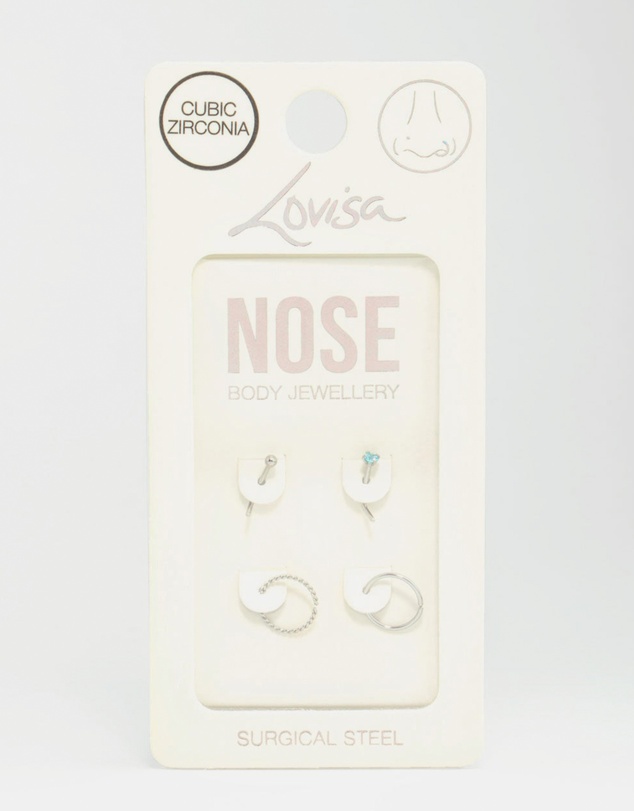 Lovisa - Surgical Steel Twisted Nose Rings & Cubic Zirconia Nose Stud 4-Pack