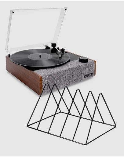 Victrola - Victrola Eastwood II Turntable - Walnut + Gadhouse Vinyl Rack Bundle - Black
