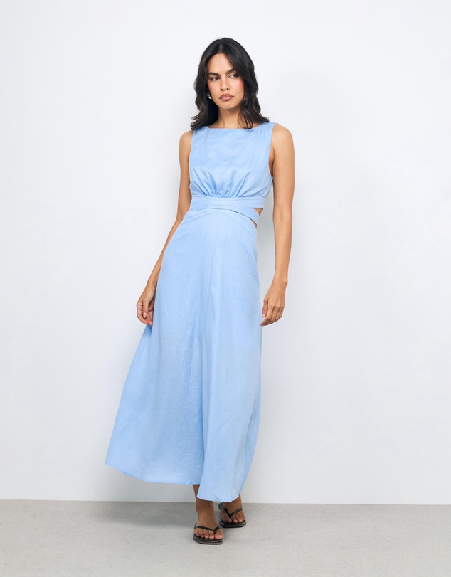 AERE - Zia Contrast Stitch Linen Midi Dress