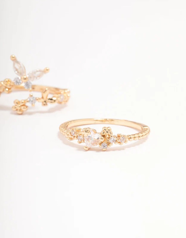 Lovisa - Gold Plated Floral Stone Ring Pack