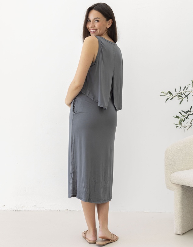 Angel Maternity - Manon Maternity & Breastfeeding Midi Dress in Slate Grey