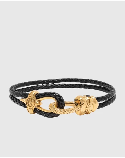 Nialaya Jewellery - Black Leather Bracelet with Gold Rope Clasp