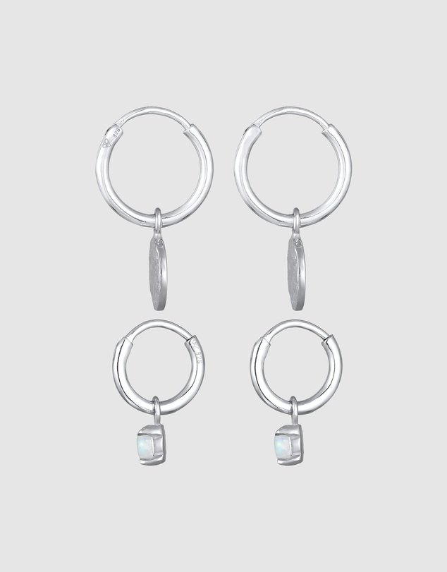 Elli Jewelry - Earrings Creoles Platelet Set Of 2 With Opal in 925 Sterling Silver