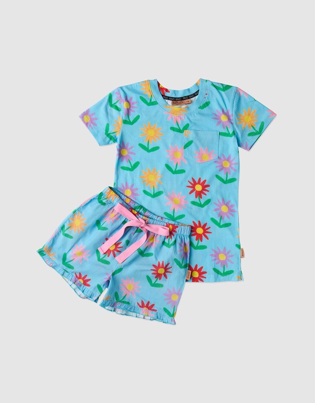 Kip&Co - Little Flowers Organic Cotton SS Tee Frill Shorts Pyjama Set - Kids-Teens