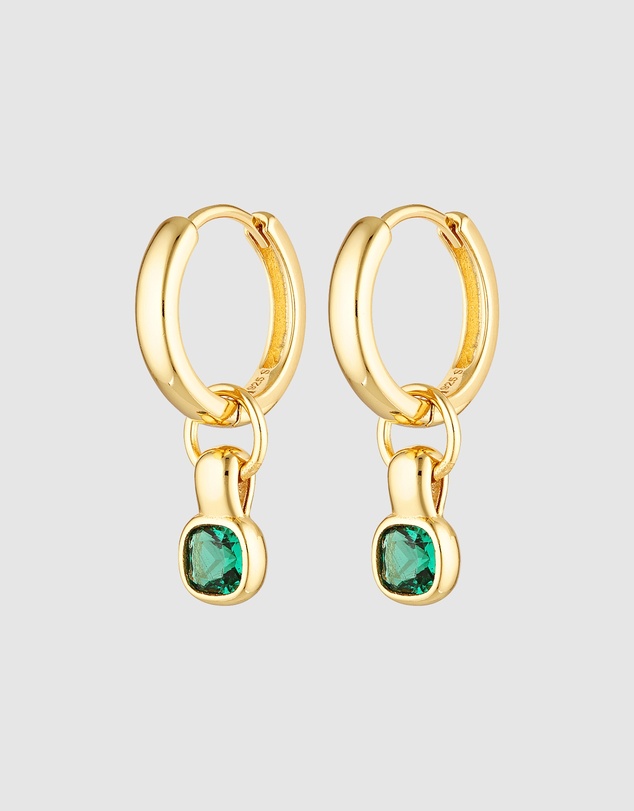 HOUSE OF SLANI - Green Emerald Charm Gold Hoops