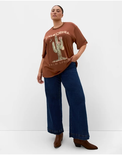 City Chic - Plus size Indigo Cactus Oversized Cotton Tee - tobacco