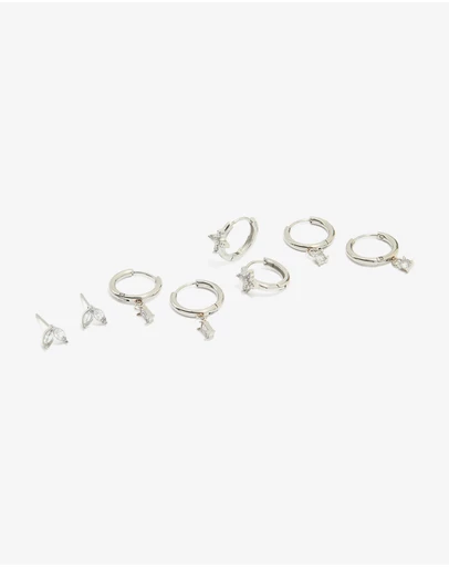 Lovisa - Waterproof Stainless Steel Cubic Zirconia & Baguette Flower Huggie Earrings 4-Pack