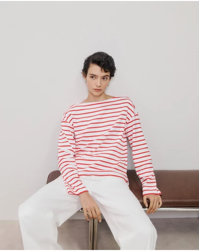 Trenery - Australian Cotton Breton Stripe T-shirt in Spice Red