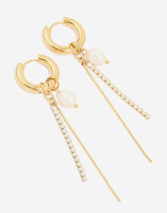 Lovisa - Waterproof Gold Plated Stainless Steel Freshwater Pearl & Diamante Cup Chain Huggie Earrings