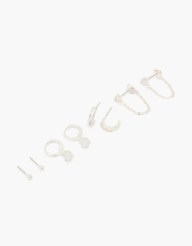 Lovisa - Silver Plated Brass Cubic Zirconia Heart Huggie & Stud Earrings 4-Pack