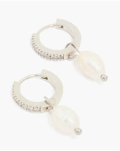 Lovisa - Waterproof Stainless Steel Diamante Freshwater Pearl Drop Huggie Earrings