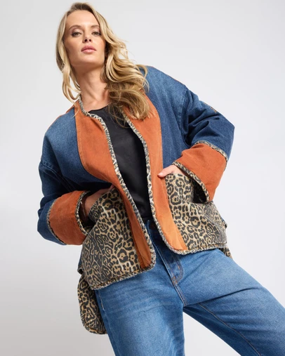 ONE TEASPOON - Bang Bang Reversible Colour Blocked Denim Wadded Jacket - Animal Blue Rust