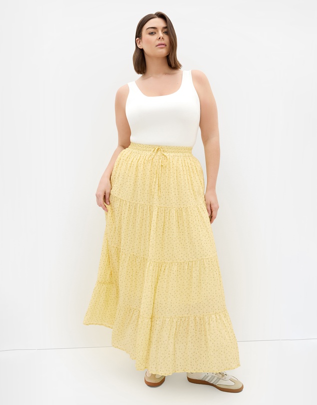 City Chic - Plus size Milly Ditsy Print Tiered Maxi Skirt - lemon