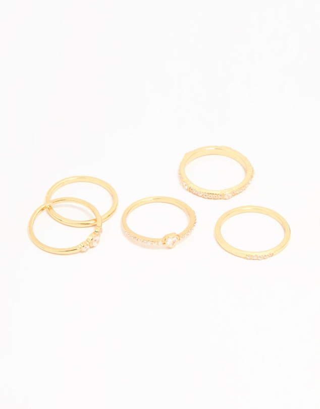 Lovisa - Gold Plated Cubic Zirconia Plain & Heart Stacking Rings 5-Pack