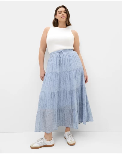 City Chic - Plus size Milly Ditsy Print Tiered Maxi Skirt - blue