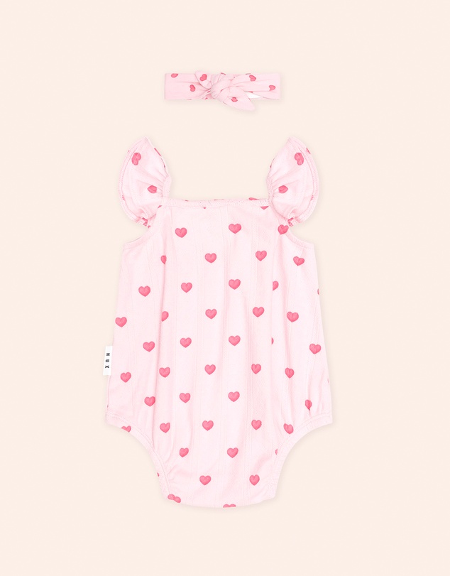 Huxbaby - I Heart You Pointelle Bubble Romper And Headband - Babies