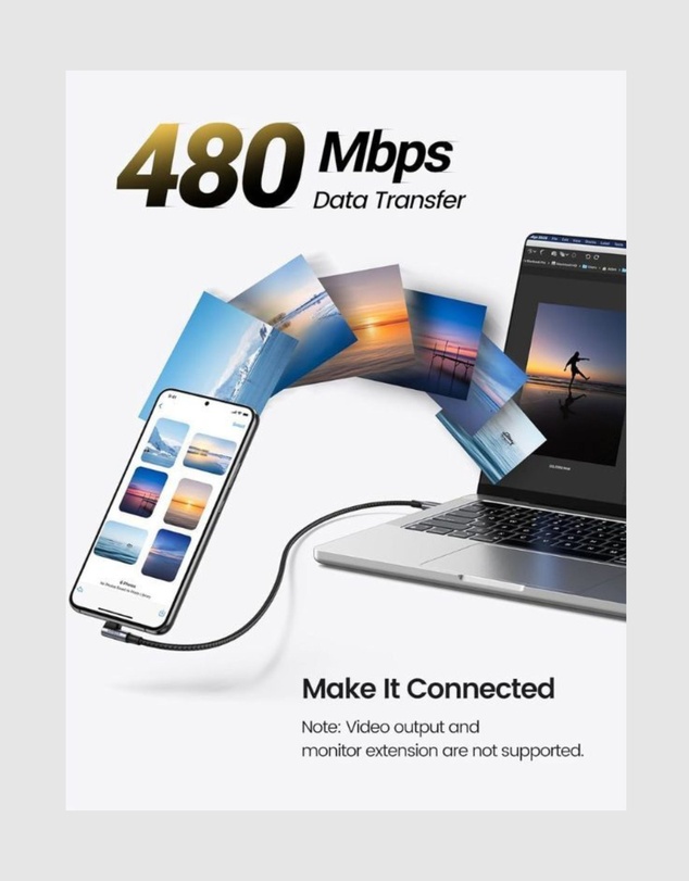 Ugreen - UGREEN 90 Degree Angle USB-C Male to USB-C Male 100W Braided Cable 1m