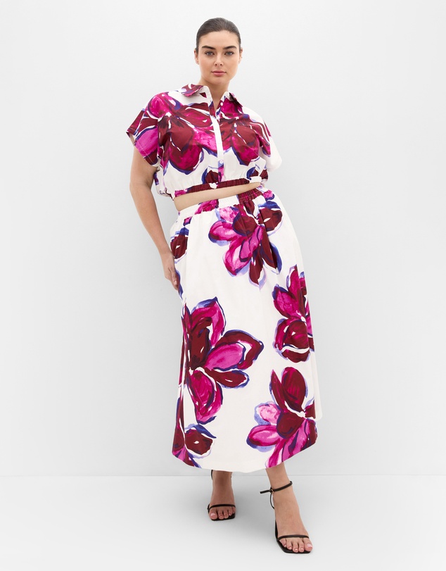 City Chic - Plus Size Holiday Bloom Print Midi Skirt - white