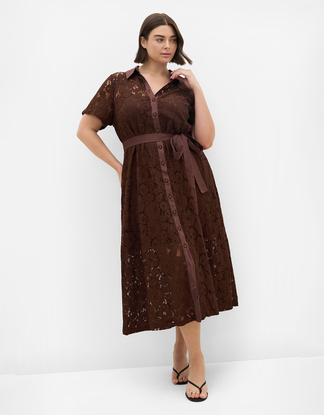 City Chic - Plus size Lani Lace Shirt Dress - chocolate