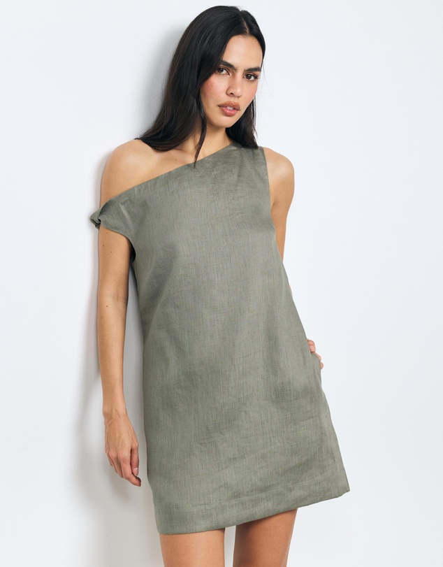 AERE - Aela Off Shoulder Linen Shift Mini Dress