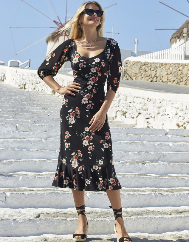 Sosandar - Floral Print Sweetheart Neckline Midi Jersey Dress