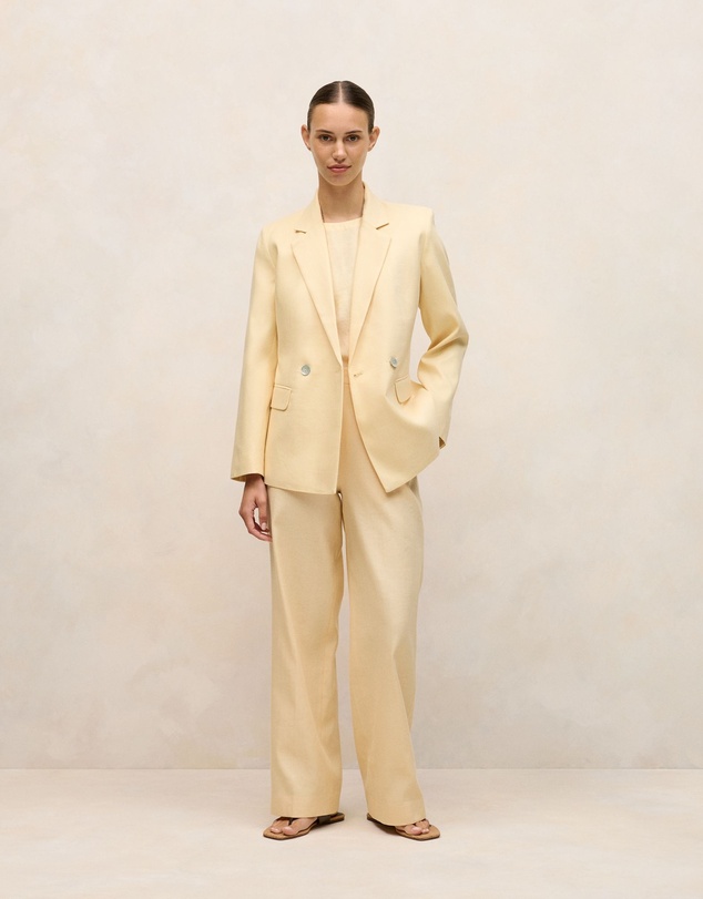 Trenery - Linen Cotton Herringbone Double Breasted Blazer in Butter